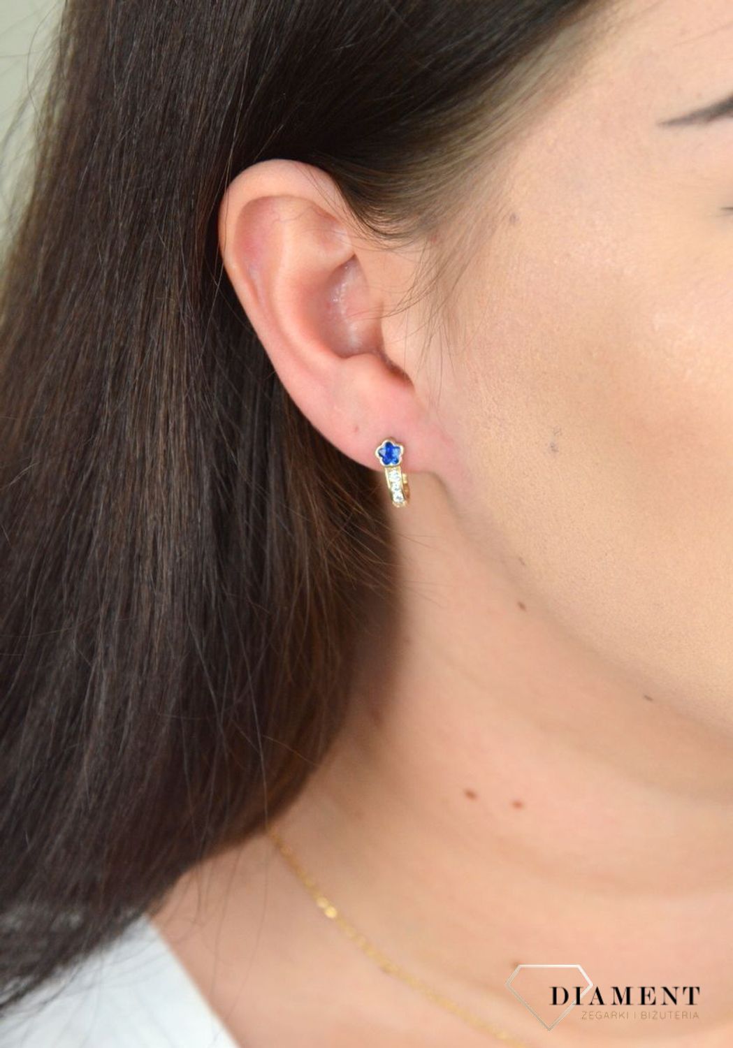 Złote kolczyki dla dziewczynki niebieskie kwiatki z cyrkonią KL 9826.jpg